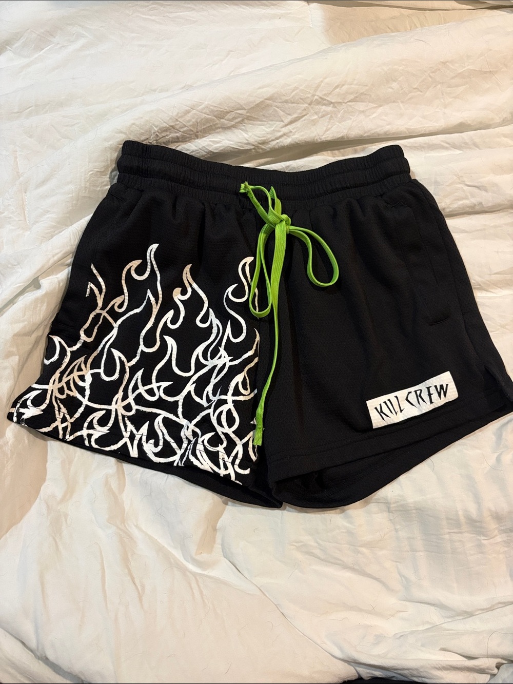 Kill Crew Black Athletic Shorts with White Flame Graphic and Lime Drawstring
